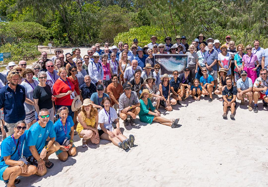 Group photo on Heron Island sand. 
