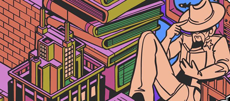 Close up of the Brisbane Writers Festival program artwork featuring a colourful cityscape and a man reading a book