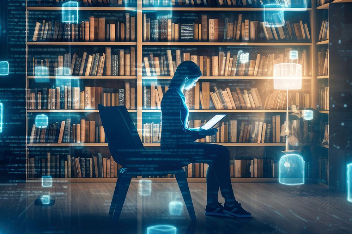 Woman reading iPad in a darkened library