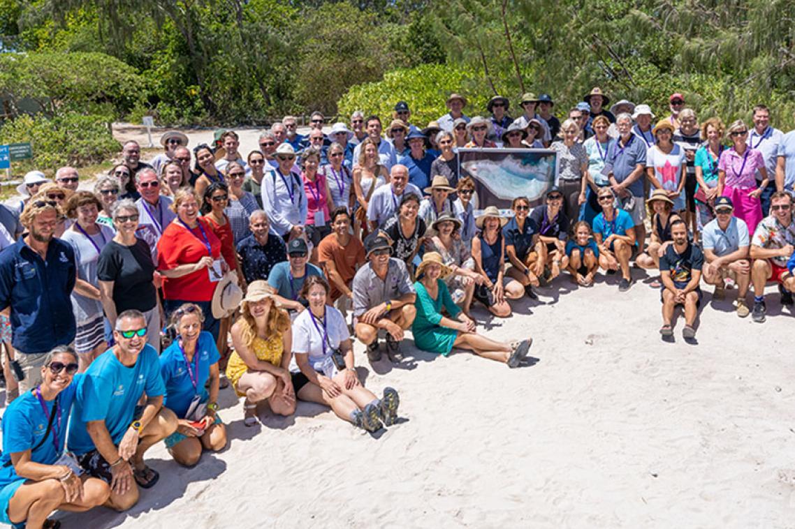 Group photo on Heron Island sand. 